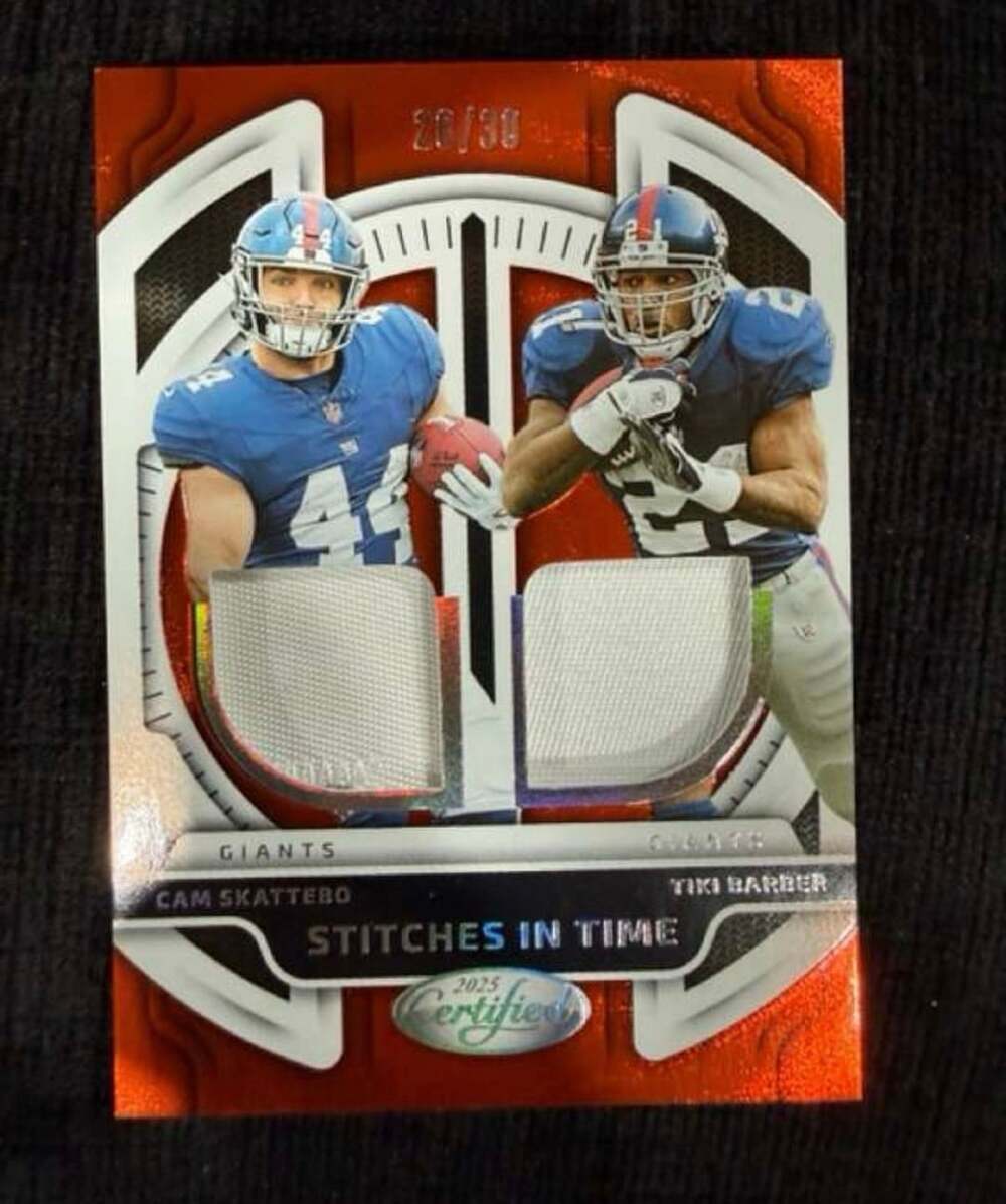 2025 Panini Certified Cam Skattebo Tiki Barber Stitches In Time Relic /30